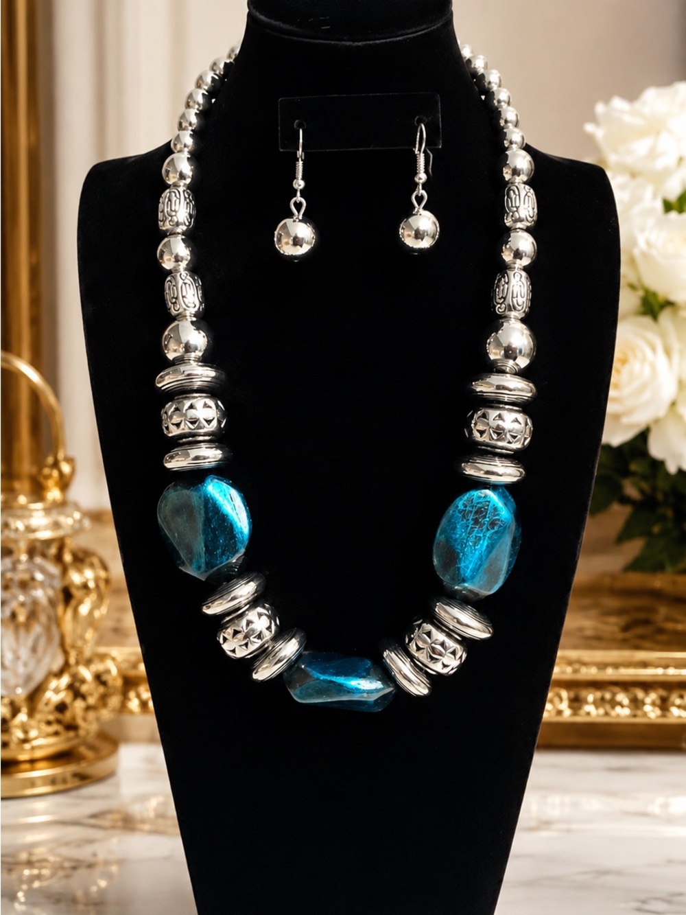 Artisan Joyeria-Silver Bead Necklace with Teal Accent Stones